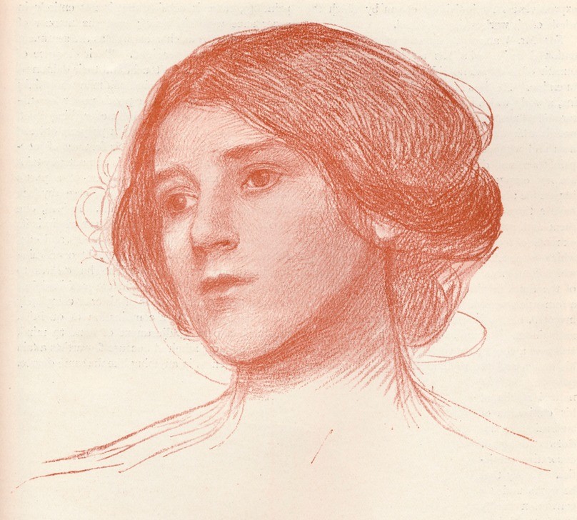 John William Waterhouse, From a study in sanguine (Frau, Schönheit, Portrait,   Braun, Braune Haare, Traurigkeit, Zeichnung, Klassiker, Wunschgröße)