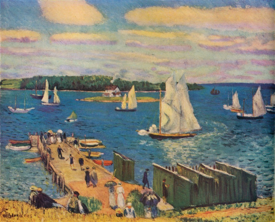 William Glackens, Mahone Bay (Ausflug,Boot,Frau,Geographie,Jahreszeiten,Kunst,Mann,Freizeit,Sommer,Transport,Wetter,Meer,Segelboot,Realismus,Tag,Amerikanische Kunst,Dame,Us-Amerikanische Kunst,Müssiggang,Blau,Gehen,Segel,Wochenende,Pier,Farbe,Ashcan School)