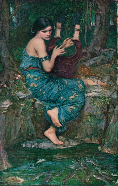 John William Waterhouse, The Charmer (Harfe, Laier, Musikinstrument, Musikerin, Frau, Spiel, Teich,  Wald, Fische, Beschwörung, Präraffaeliten, Viktorianische Kunst, Klassiker, Malerei, Wohnzimmer, Wunschgröße)