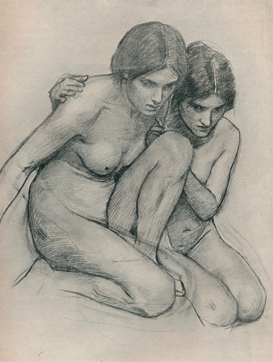 John William Waterhouse, Study for The Nymphs Finding the Head of Orpheus 1899 (Nymphen, Akt, Busen, Studie, Nacktheit, Körper, Mythologie, Monochromie, Klassiker, Wunschgröße)