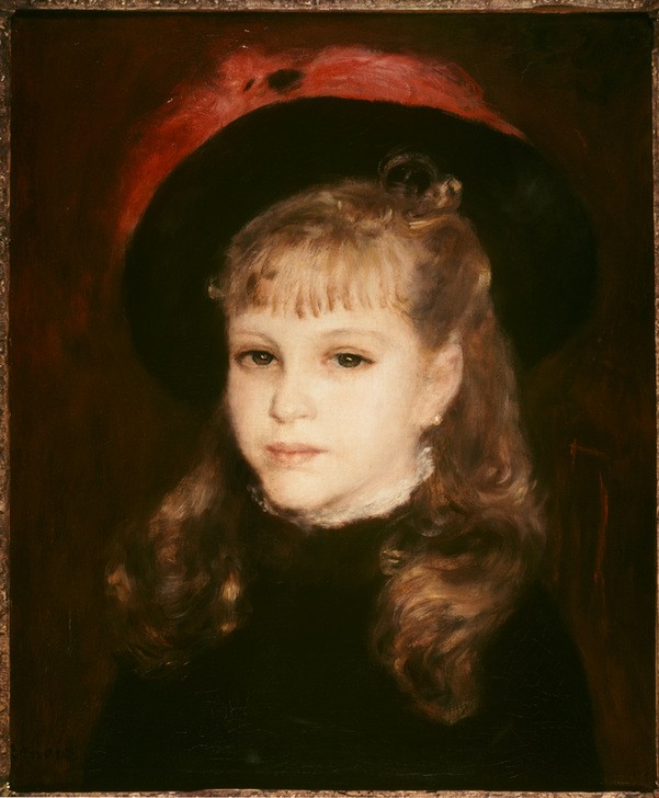 Pierre-Auguste Renoir, Fillette au chapeau à plume rouge (Kind,Kopfbedeckung,Kunst,Mädchen,Mensch,Impressionismus,Hut,Portrait,Feder,Französische Kunst,Brustbild)