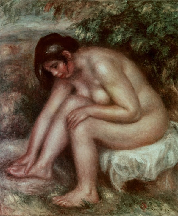 Pierre-Auguste Renoir, Après le bain (Körperpflege,Bad Im Freien,Bad,Frau,Kunst,Freizeit,Impressionismus,Akt,Portrait,Französische Kunst,Im Freien (Allgemein),Handtuch,Frauenleben,Sitzen,Badetuch,Ganzfigurig,Tuch)