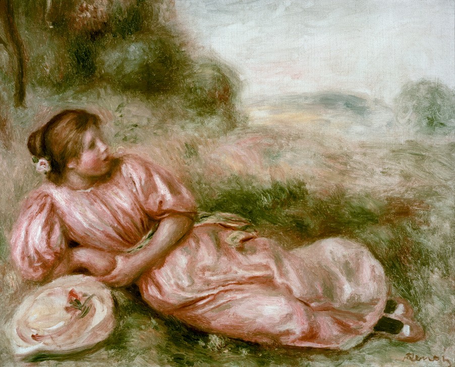 Pierre-Auguste Renoir, Jeune fille en rose (Damenmode,Frau,Kunst,Landschaft,Mädchen,Mensch,Impressionismus,Hut,Französische Kunst,Im Freien (Allgemein),Junge Frau,Liegen)