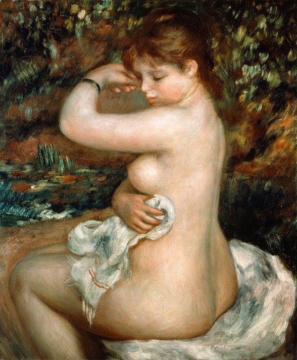 Pierre-Auguste Renoir, Après le bain (Körperpflege,Bad Im Freien,Bad,Frau,Kunst,Freizeit,Impressionismus,Akt,Portrait,Französische Kunst,Im Freien (Allgemein),Handtuch,Frauenleben,Abtrocknen,Sitzen,Badetuch,Tuch)