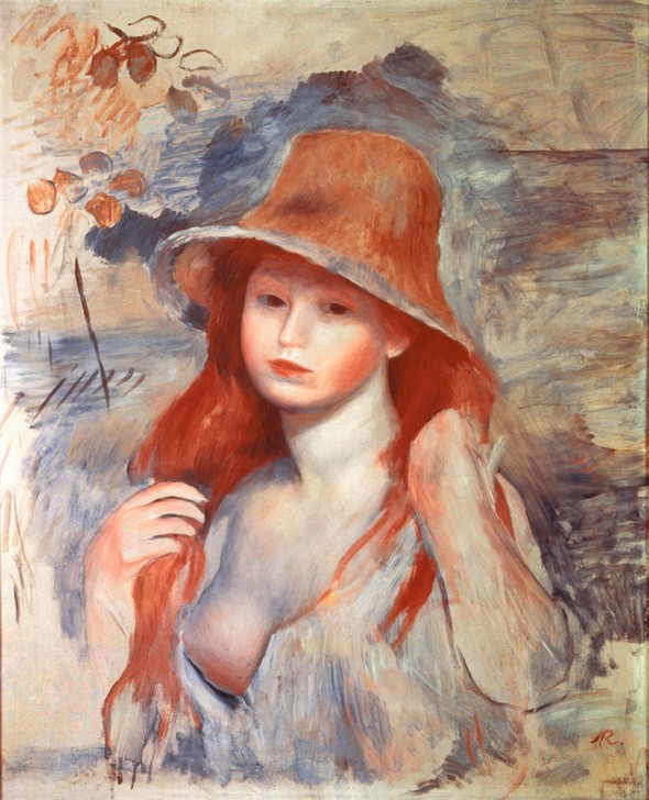 Pierre-Auguste Renoir, Jeune fille au chapeau (Frau,Kopfbedeckung,Kunst,Mädchen,Mensch,Impressionismus,Hut,Portrait,Französische Kunst,Jahrhundertwende,Junge Frau,Brustbild)