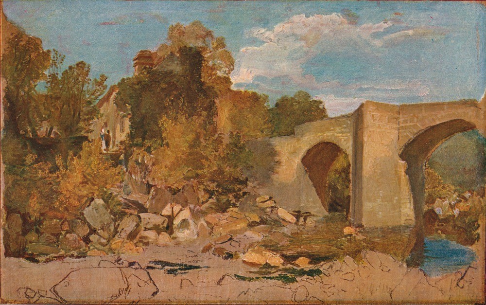 JOSEPH MALLORD WILLIAM TURNER, Devonshire Bridge with Cottage 1813 (Brücke,Geographie,Kunst,Museum,Fluss,Galerie,Weg,Tag,Gebäude,Kunstgalerie,Farbe)