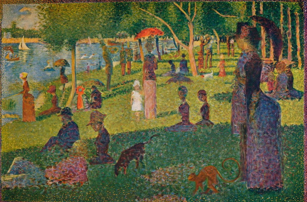 Georges Seurat, Study for A Sunday on La Grande Jatte 1884 (Astronomie,Frau,Kunst,Mann,Freizeit,Sonne,Wissenschaft,Sonntag,Impressionismus,Sonnenschirm,Studie,Tag,Seemann,Verlag,Dame,Tageslicht,Grün,Farbigkeit,Farbe)