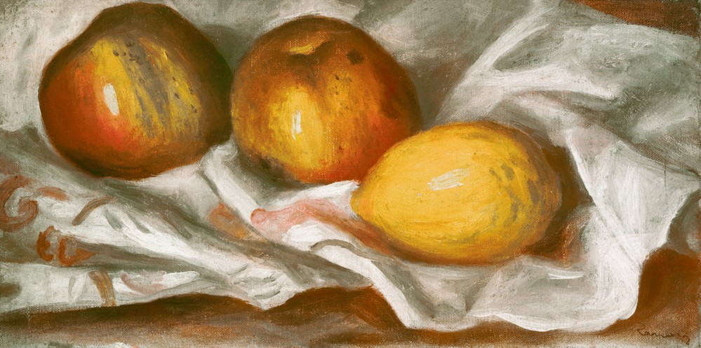 Pierre-Auguste Renoir, Nature morte, pommes et citron (Apfel,Früchte,Kunst,Obst,Impressionismus,Nahrungsmittel,Stillleben,Französische Kunst,Zitrone)