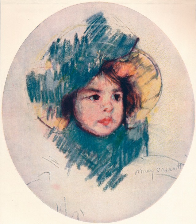 Mary Cassatt,Child's Head 1902 (Frau,Kind,Kunst,Mädchen,Hut,Portrait,Kleid,Blau,Kopf,Farbe)