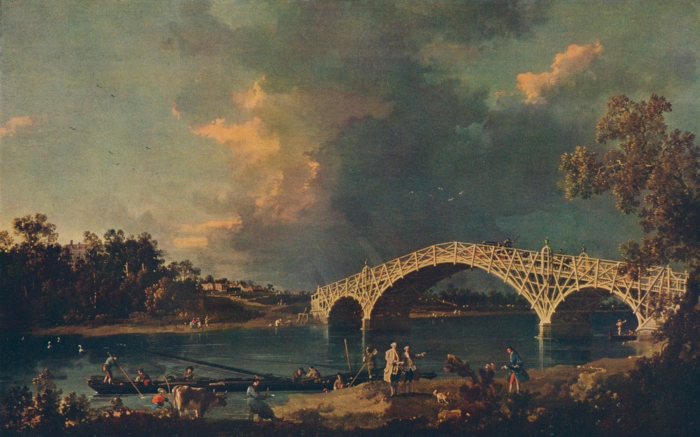 Giovanni Antonio Canaletto, Old Walton Bridge 1754 (England, Fluss, Themse, Brücke, Konstruktion, Alltagsszene, Genremalerei,  Barock, Vedute, Klassiker, Wunschgröße, Wohnzimmer)