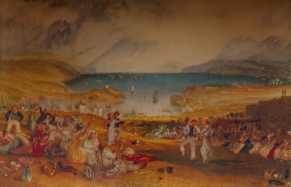 JOSEPH MALLORD WILLIAM TURNER, Plymouth, Devonshire (Geographie,Hafen,Küste,Kunst,Picknick,Freizeit,Schiff,Tanz,Transport,Meer,Farbe)