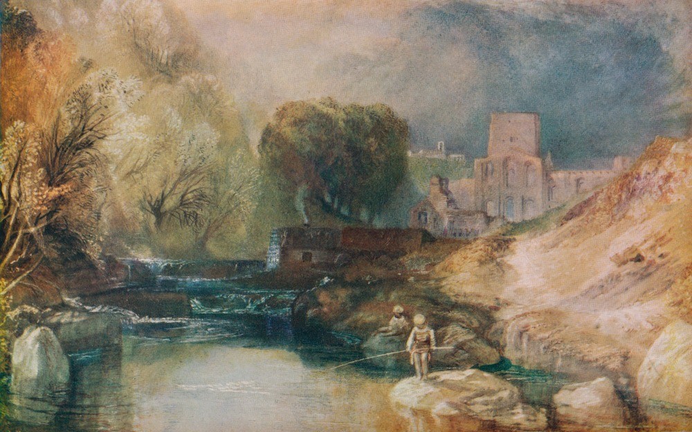 JOSEPH MALLORD WILLIAM TURNER, Brinkburn Priory, Northumberland 1830 (Christentum,Fischerei,Geographie,Kirche,Kunst,Landschaft,Religion,Wasser,Fluss,Baum,Farbe)
