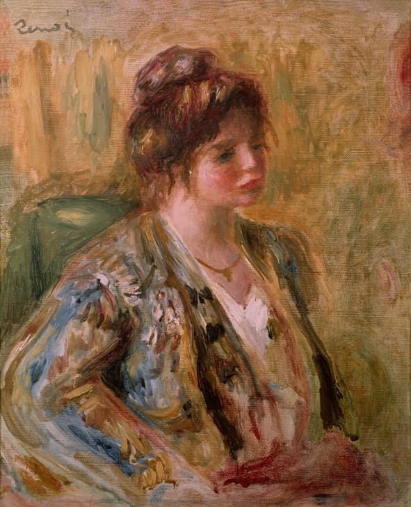 Pierre-Auguste Renoir, Portrait de jeune fille (Frau,Kunst,Mädchen,Mensch,Impressionismus,Portrait,Französische Kunst,Sitzen,Jahrhundertwende,Junge Frau)