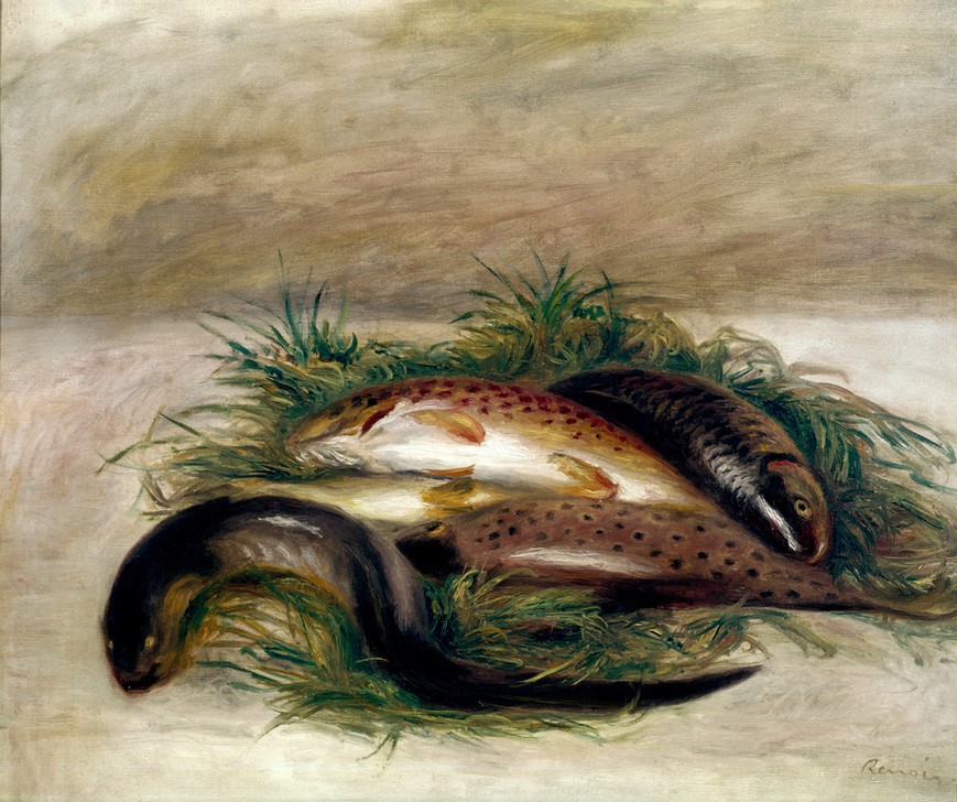 Pierre-Auguste Renoir, Nature morte aux poissons (Kunst,Impressionismus,Nahrungsmittel,Fisch,Stillleben,Gras,Sand,Französische Kunst,Im Freien (Allgemein))