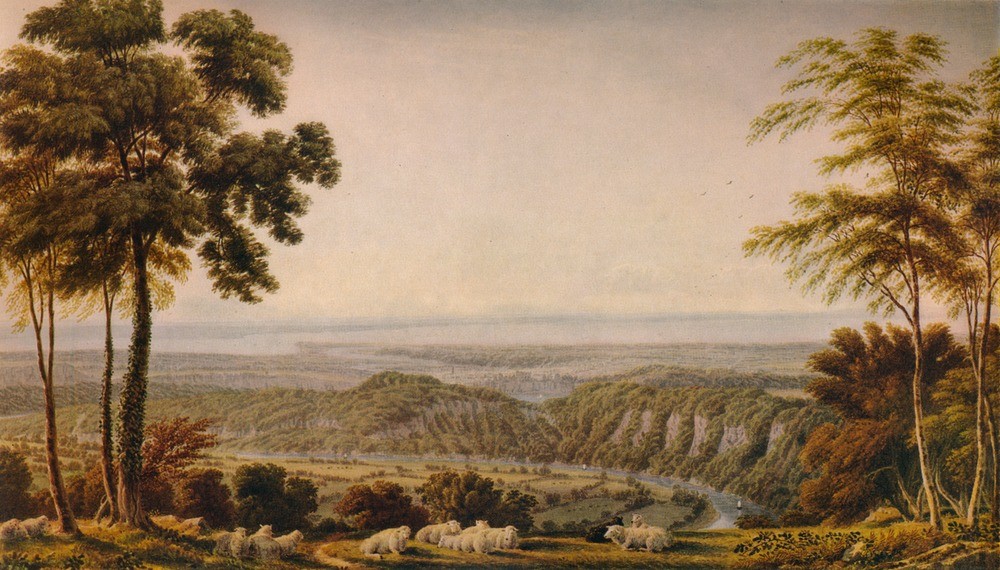 JOSEPH MALLORD WILLIAM TURNER, View from the Wyndd Cliff, near Chepstow - Morning 1820 (Geographie,Landschaft,Morgen,Fluss,Baum,Zeit,Tag,Katalog,Tier,Natur,Horizont,Klippe,Betrieb,Farbe)