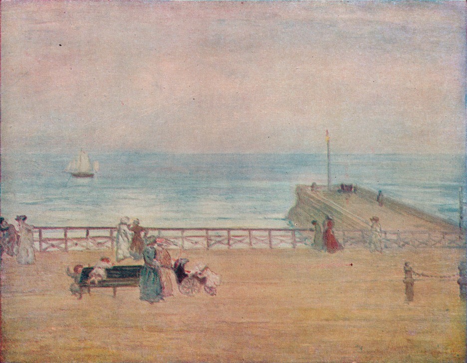 Charles Conder, Brighton 1905 (Boot,Frau,Geographie,Kind,Transport,Meer,Dame,Ansicht,Bootsanlegestelle,Promenade,Farbe, Impressionismus, Wunschgröße, Klassiker, Malerei, Wohnzimmer)