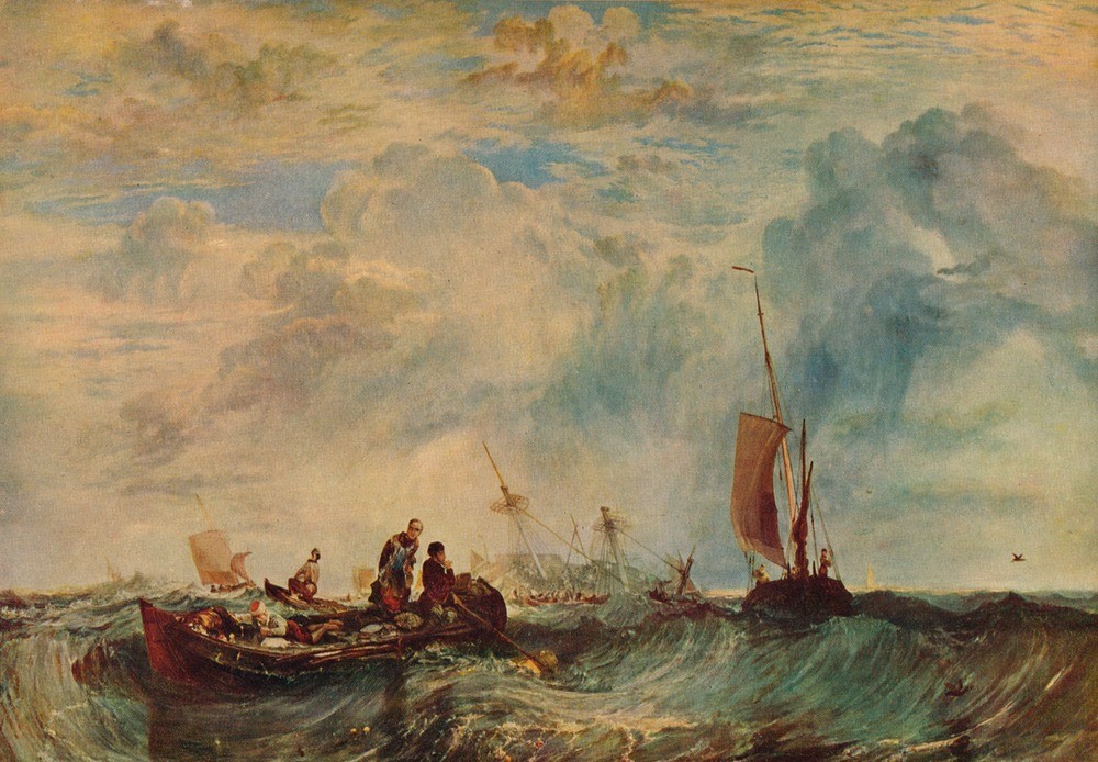 JOSEPH MALLORD WILLIAM TURNER, Entrance of the Meuse: Orange-Merchant on the Bar, Going to Pieces 1819 (Boot,Geographie,Geschichte,Krieg,Küste,Kunst,Marine,Transport,Unfall,Meer,Segelboot,See,Fluss,Rettungsboot,Katastrophe,Seemann,Gefahr,Wrack,Sinken,Farbe)