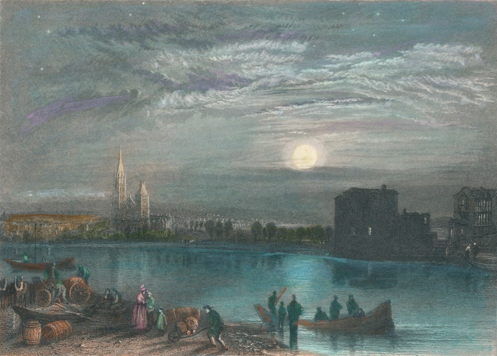 JOSEPH MALLORD WILLIAM TURNER, Saint Denis 1835 (Astronomie,Boot,Frau,Geographie,Mann,Mond,Transport,Wissenschaft,Nacht,Fluss,Ankunft,Zeit,Dame,Ansicht,Blau,Mondschein,Gebäude,Farbe)