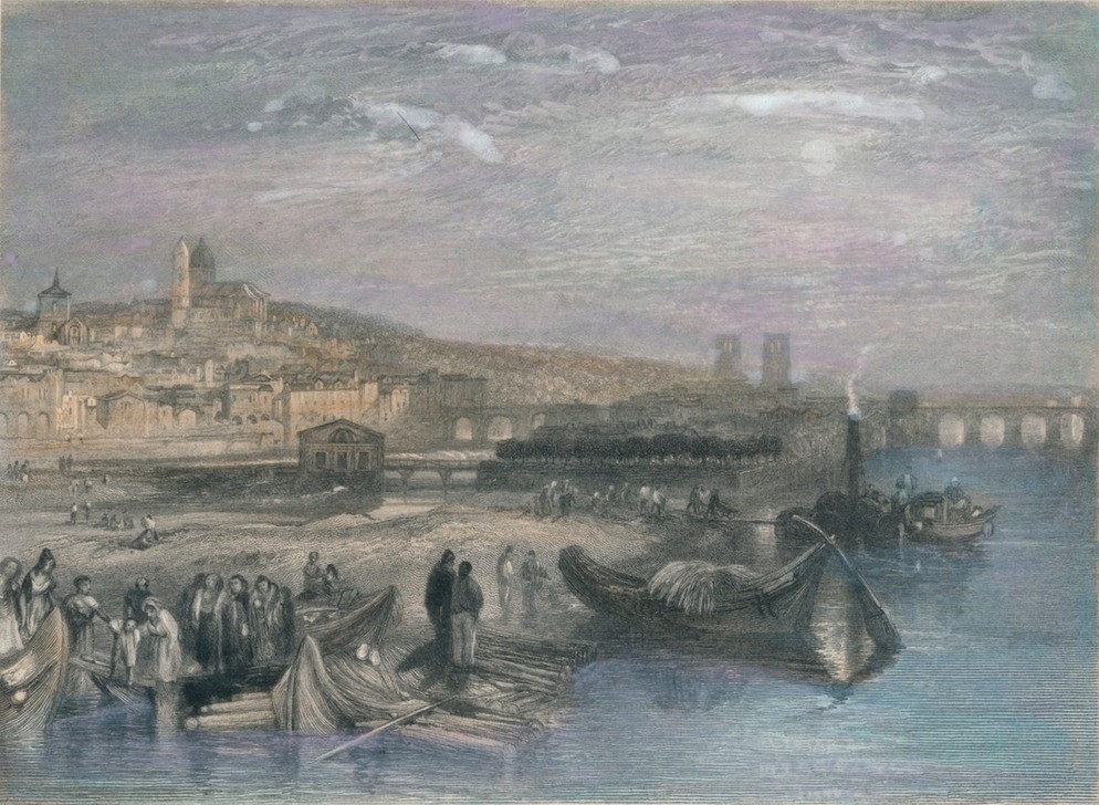 JOSEPH MALLORD WILLIAM TURNER, Melun 1835 (Brücke,Fischerei,Geographie,Mann,Stadt,Nacht,Fluss,Zeit,Tag,Ansicht,Farbe)