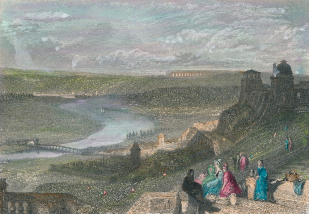 JOSEPH MALLORD WILLIAM TURNER, St. Germains 1835 (Festung,Frau,Geographie,Sightseeing,Fluss,Tag,Hügel,Dame,Ansicht,Gipfel,Gebäude,Farbe)