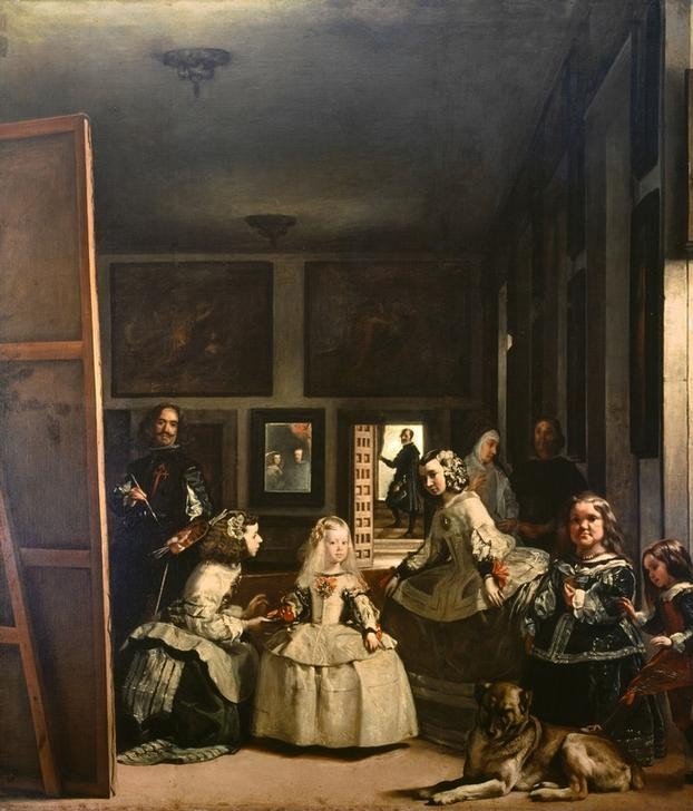 Diego Rodriguez de Silva y Velasquez, Las Meninas (Atelier,Damenmode,Geschichte,Gruppenbild,Hofdame,Kindermode,Kind,Künstler Und Modell,Künstlerleben,Künstler,Mädchen,Mode,Spiegel,Szene,Zwerg,Barock,Selbstbildnis,Künstler Bei Der Arbeit,Hund,Höfische Gesellschaft,Bild Im Bild,Prinzessin,Seide,Künstler Und)