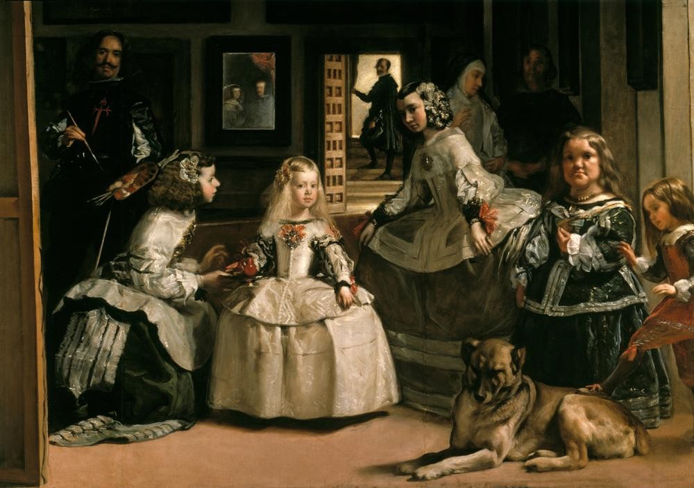Diego Rodriguez de Silva y Velasquez, Las Meninas (Atelier,Damenmode,Geschichte,Gruppenbild,Hofdame,Kindermode,Kind,Künstler Und Modell,Künstlerleben,Künstler,Mädchen,Mode,Spiegel,Barock,Selbstbildnis,Künstler Bei Der Arbeit,Hund,Höfische Gesellschaft,Portrait,Prinzessin,Seide,Künstler Und Fürst,Adel,Span)