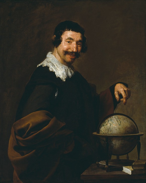 Diego Rodriguez de Silva y Velasquez, Demokrit (Gelehrter,Geographie,Globus,Mann,Bart,Barock,Schnurrbart,Wissenschaftler,Portrait,Spanische Kunst,Lächeln,Gute Laune,Geograf)