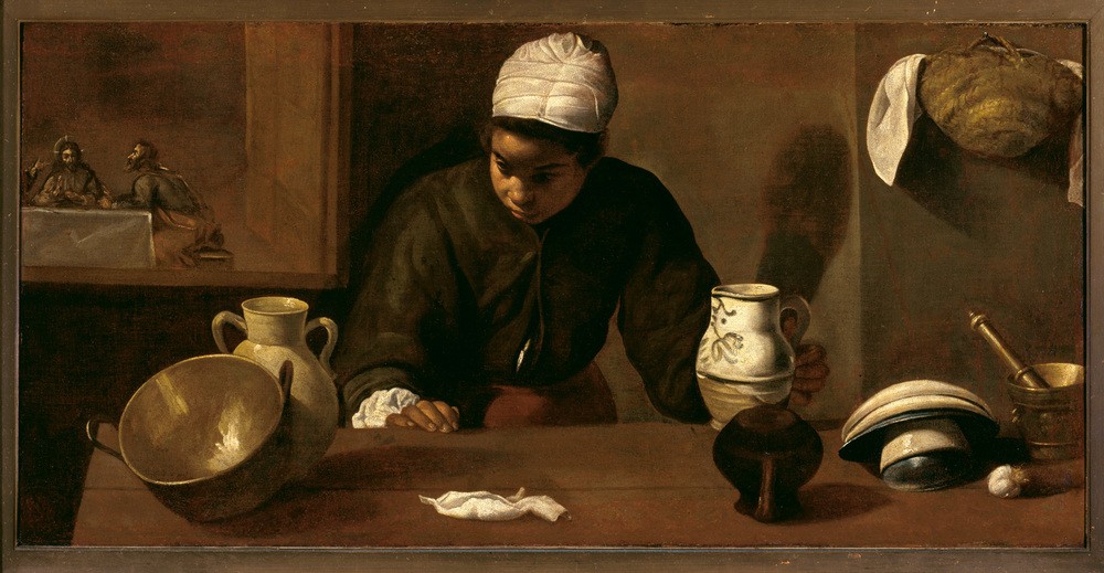 Diego Rodriguez de Silva y Velasquez, La Mulata (Christentum,Dienstboten,Essgeschirr,Frau,Kopfbedeckung,Küche,Völkerkunde,Barock,Turban,Neues Testament,Bibel,Mörser (Gefäss),Caravaggisten,Spanische Kunst,Emmaus,Alltagskultur,Topf,Küchenmagd,Küchenpersonal,Junge Frau,Mischling,Kupferschüssel,Mulattin,Lan)