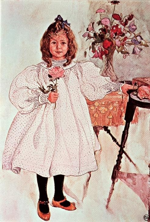 Carl Larsson, Gladys (Kindermode,Kind,Mädchen,Rose,Portrait,Schwedische Kunst,Kleid,Haarschleife,Jahrhundertwende,Gepunktet,Frisur)