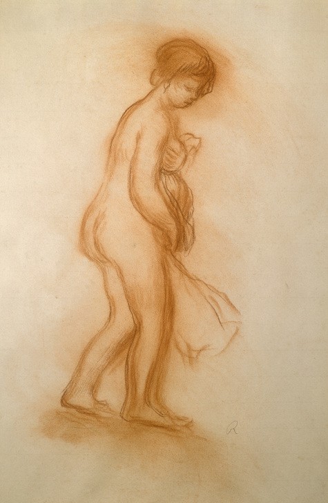 Pierre-Auguste Renoir, Nu débout, tenant un linge (Frau,Impressionismus,Akt,Französische Kunst,Ganzfigurig,Tuch)