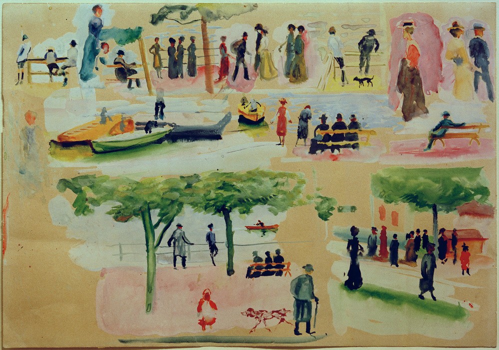 August Macke, Typen aus Tegernsee I (Kunst,Bank (Sitzgelegenheit),Freizeit,Ruderboot,Uferpromenade,Urlaub,Expressionismus,Der Blaue Reiter,Tourismus,Erholung,Promenade)