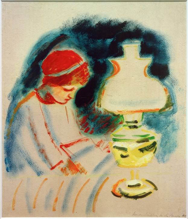 August Macke, Lesendes Mädchen bei der Lampe, 1911 (Frau,Kunst,Mensch,Petroleumlampe,Freizeit,Tischlampe,Lampe,Portrait,Expressionismus,Lesen (Allgemein),Der Blaue Reiter,Frauenleben,Leserin,Sitzen,Junge Frau)