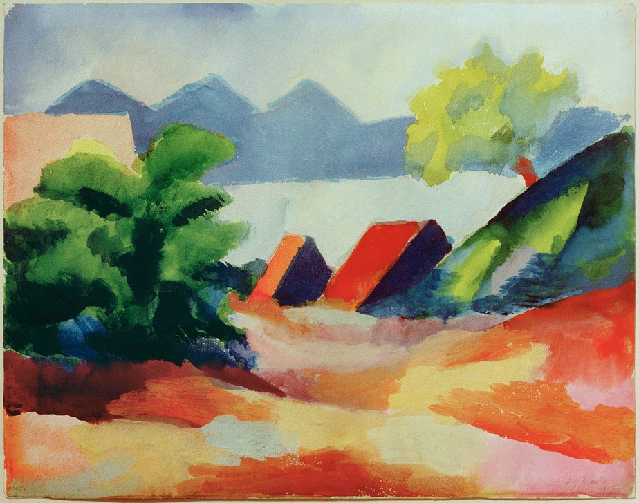 August Macke, Am Thuner See I (Deutsche Kunst,Gebirge,Kunst,Landschaft,See,Expressionismus,Der Blaue Reiter,Ufer,Berg)