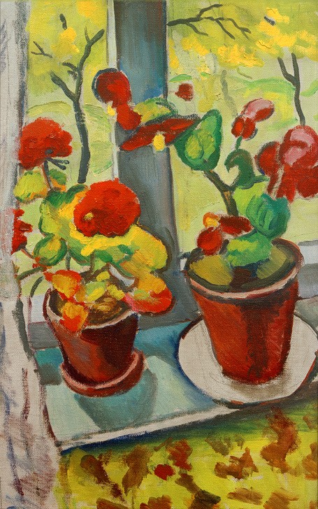 August Macke, Blumen am Fenster (Begonien in Töpfen I) (Deutsche Kunst,Fenster,Kunst,Stillleben,Expressionismus,Der Blaue Reiter,Topfpflanze,Blume,Begonie)