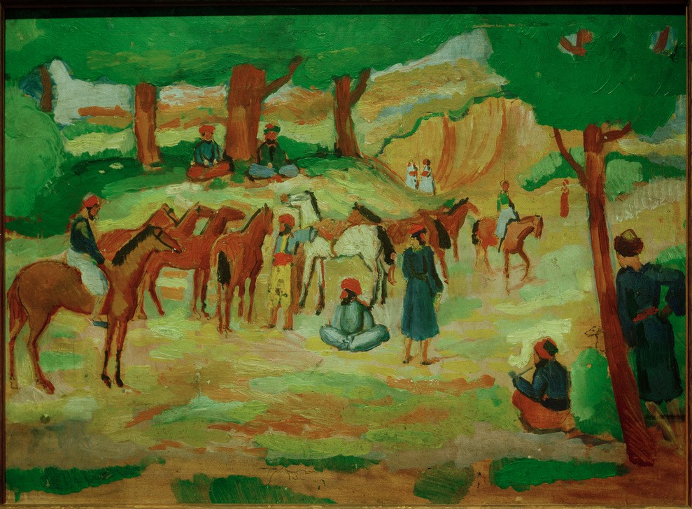 August Macke, Lagernde orientalische Reiter (nach Constantin Guys) (Deutsche Kunst,Kunst,Mann,Pferd (Tier),Rast,Völkerkunde,Reiter,Orientalismus,Kopie,Französische Kunst,Privatsammlung)