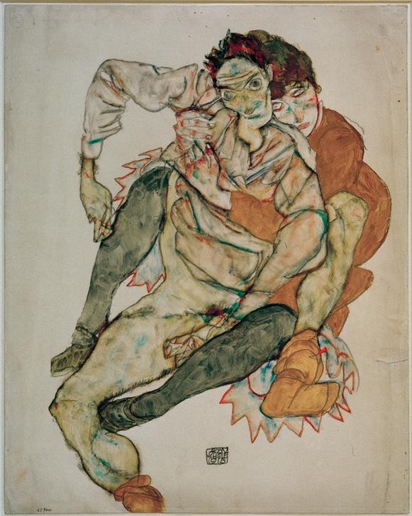 Egon Schiele, Sitzendes Paar (Ehepaar,Erotik,Frau,Künstler,Kunst,Liebe Und Ehe,Maler (Künstler),Mann,Zeichner,Selbstbildnis,Expressionismus,Umarmung,Österreichische Kunst,Erotische Kunst,Halbakt,Doppelportrait,Ganzfigurig,Person)
