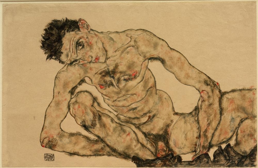 Egon Schiele, Selbstbildnis als Akt, hockend (Künstler,Kunst,Maler (Künstler),Mann,Zeichner,Selbstbildnis,Akt,Portrait,Expressionismus,Österreichische Kunst,Person)
