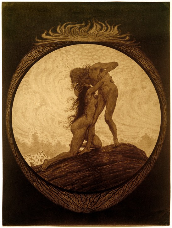 Fidus, Die Erde (Abschied (Verabschieden),Deutsche Kunst,Frau,Jugendstil,Kunst,Liebespaar,Mann,Wolke,Erde,Symbolismus,Akt,Allegorie,Tondo,Geschlechterrollen,Felsen,Licht,Lebensreform,Kampf Der Geschlechter,Junges Paar,Sturm,Symbolik)