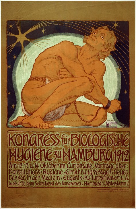 Fidus, Kongress für Biologische Hygiene zu Hamburg 1912 (Biologie,Deutsche Kunst,Himmel (Natur),Jugendstil,Kunst,Mann,Medizin,Mensch,Propaganda (Politik),Stern,Plakat,Allegorie,Kongress,Firmament,Ernährungswissenschaft,Lebensreform,Hygiene,Fesselung,Arier,Blick Zum Himmel,Kette (Fessel),Lendenschurz)