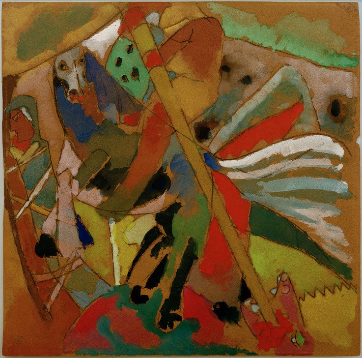 Wassily Kandinsky, St. Georg II (Christentum,Heilige,Kunst,Religion,Fabelwesen,Kampf Zwischen Mensch Und Tier,Expressionismus,Lanze,Der Blaue Reiter,Abstrakte Kunst,Russische Kunst,Heiliger,Abstraktion,Abstrakter Expressionismus,Drache (Fabelwesen),Farbigkeit,Farbe)