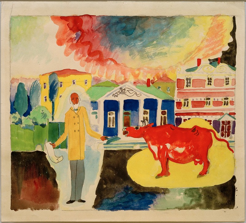 Wassily Kandinsky, Kuh in Moskau (Haus,Kunst,Mann,Rind,Expressionismus,Der Blaue Reiter,Russische Kunst,Stadtansicht,Tierhaltung,Tier,Alter Mann,Säugetier,Farbigkeit,Farbe)
