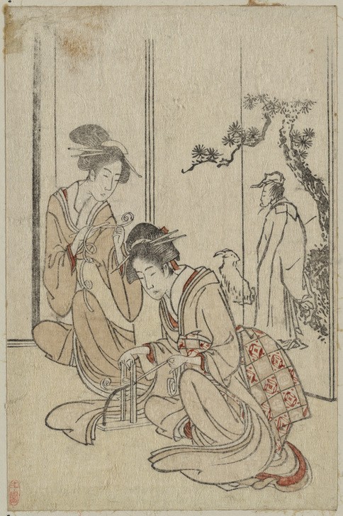 Katsushika Hokusai, Young woman braiding a cord before a screen... (Frau,Kunst,Völkerkunde,Japanische Kunst)