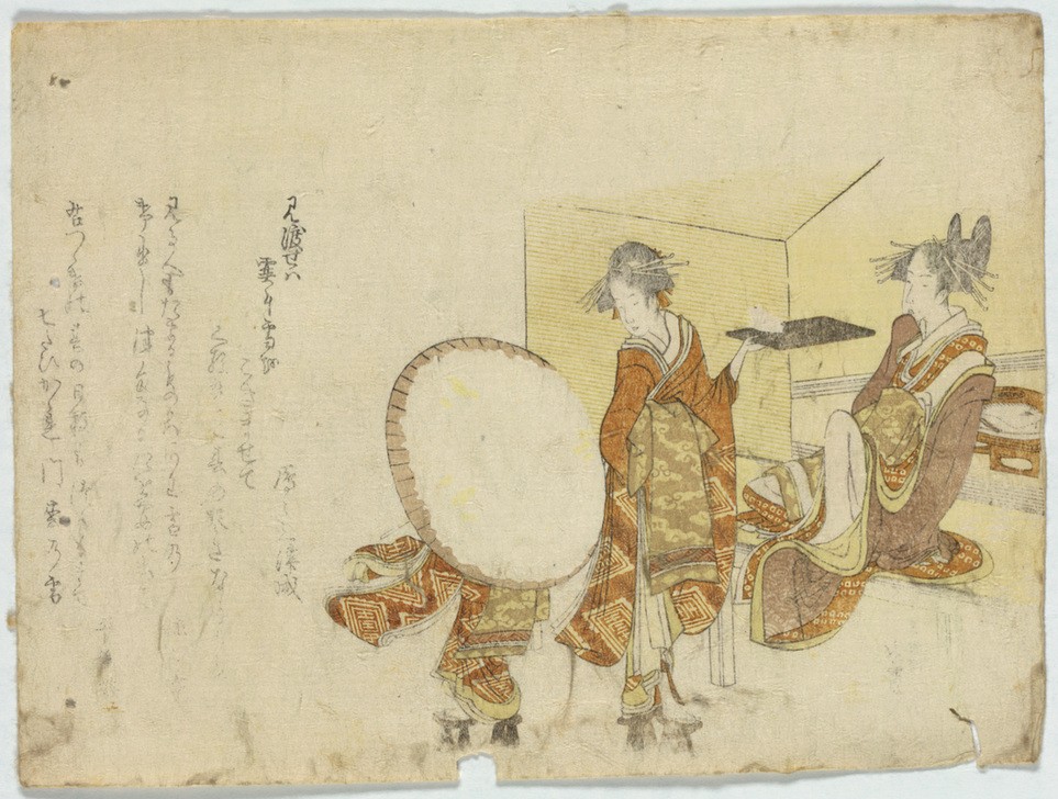 Katsushika Hokusai, Presenting a snow bunny on a tray in front of a tea shop (Frau,Kunst,Völkerkunde,Japanische Kunst,Schnee,Poesie)