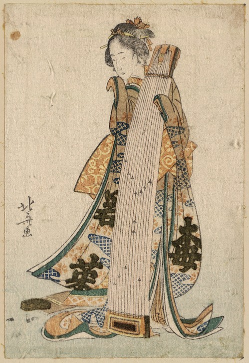 Katsushika Hokusai, Young maiden holding a zither (koto) (Frau,Kunst,Musiker,Völkerkunde,Japanische Kunst)