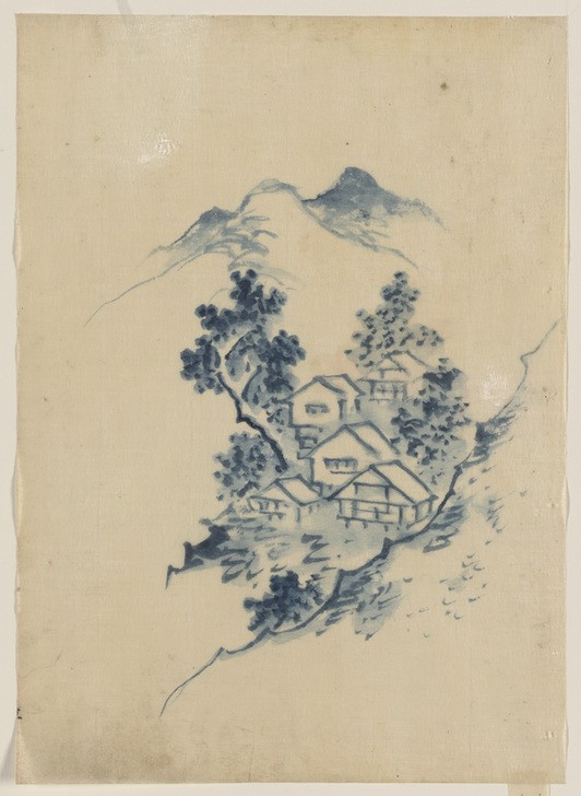 Katsushika Hokusai, Buildings nestled among trees (Kunst,Völkerkunde,Japanische Kunst,Baum,Tal,Berg,Gebäude)