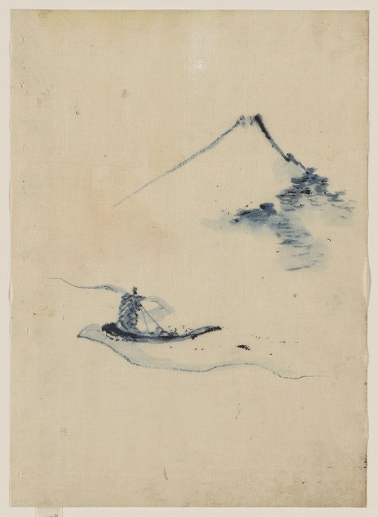 Katsushika Hokusai, A person in a small boat on a river with Mount Fuji (Kunst,Völkerkunde,Japanische Kunst)