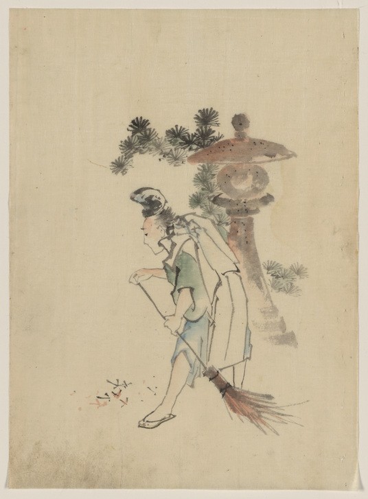 Katsushika Hokusai, A man sweeping pine needles (Kunst,Mann,Völkerkunde,Japanische Kunst,Kiefer (Baum),Schrein)