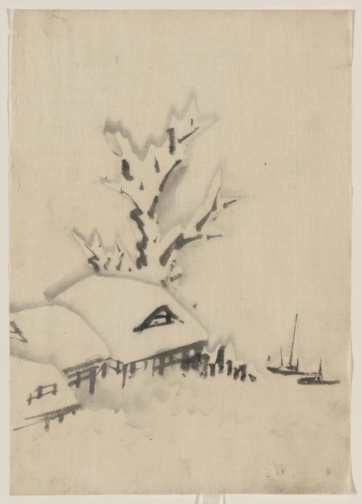 Katsushika Hokusai, Buildings and large tree on the waterfront (Kunst,Völkerkunde,Japanische Kunst,Gebäude)
