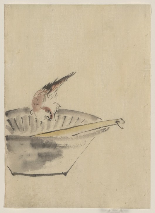 Katsushika Hokusai, A bird perched on the edge of a bowl (Kunst,Völkerkunde,Vogel,Japanische Kunst)
