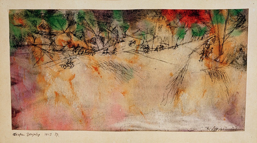 Paul Klee, Straßen-Zweigung (Architektur,Bauhaus,Fahrrad,Haus,Kohle,Kunst,Mensch,Strasse (Allgemein),Expressionismus,Der Blaue Reiter,Fussgänger,Kreuzung,Passant,Schraffur)